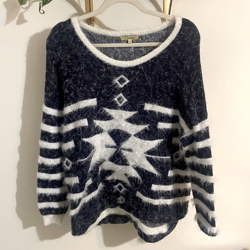 Fuzzy tribal patterned sweater
